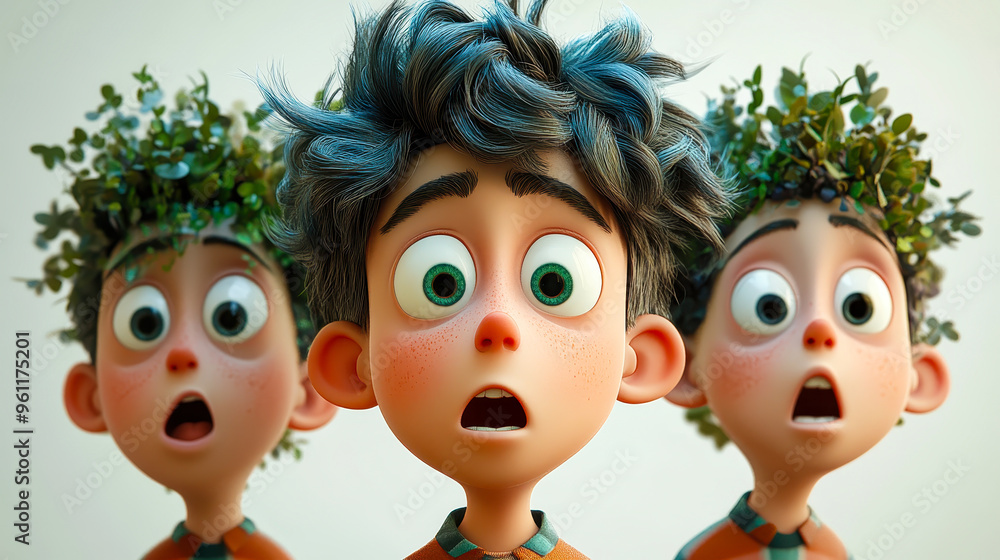 Surprised Tree Hair Cartoon Characters - Shocked Boy with Funny Haircut - 3D Style Design Portrait - Human Expressions and Emotions Concept Illustration on Light Background Surprised Tree Hair Cartoon Characters - Shocked Boy with Funny Haircut - 3D Style Design Portrait - Human Expressions and Emotions Concept Illustration on Light Background