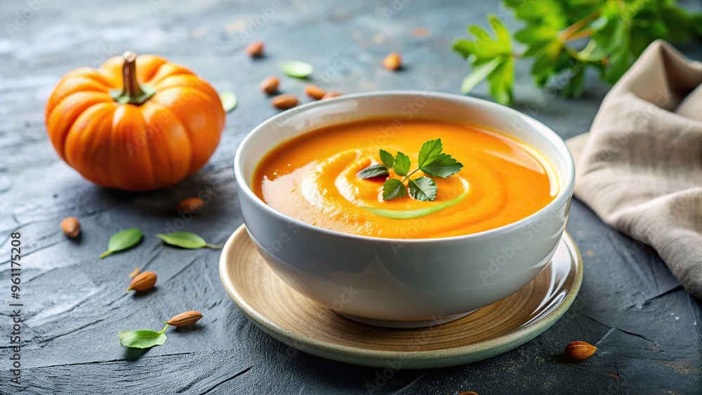 stic presentation This vegetarian orange cream soup is a delightful dietary option featuring a warm and comforting winter dish Close up shot highlights the rich texture and vibrant color of the soup stic presentation This vegetarian orange cream soup is a delightful dietary option featuring a warm and comforting winter dish Close up shot highlights the rich texture and vibrant color of the soup