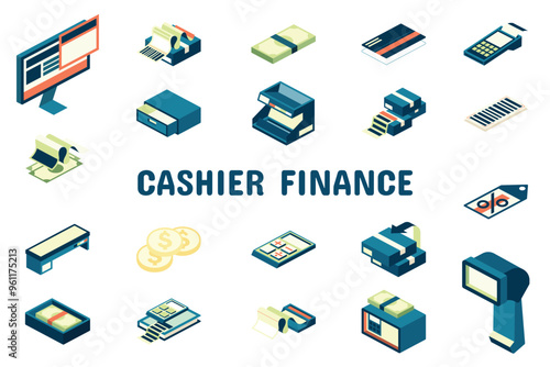 Cashier Finance Flat Vector Illustration Icon Sticker Set Design Materials