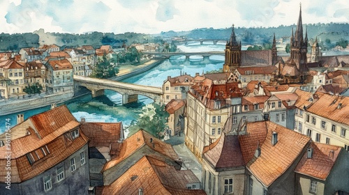 Charming Watercolor Urban Landscape of a Historic City with Bridges and Scenic River Views