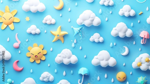 3D vector illustration of weather icons, sun and moon, clouds on light blue background