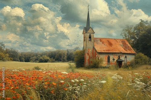 Rustic Charm: Vintage Church in Field, Retro Style photo