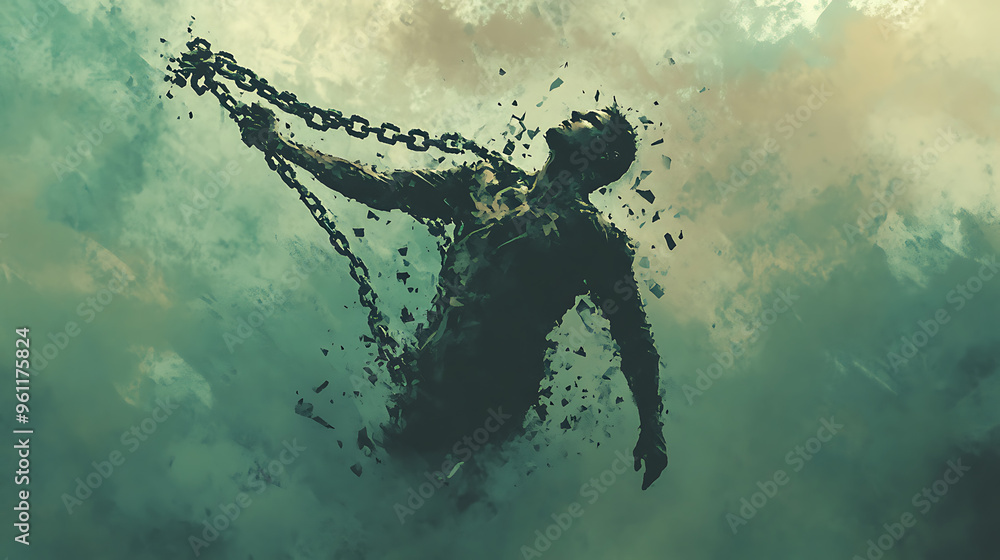 An artistic representation of a man breaking free from chains ...