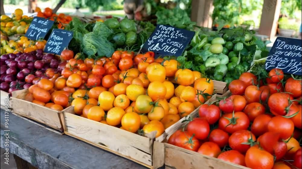 Fresh Produce Displayed in Wooden Crates at a Farmer's Market Stall Fresh Produce Displayed in Wooden Crates at a Farmer's Market Stall