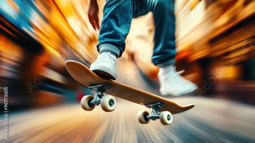 A skateboarder is in mid-air, with his skateboard in the air. The image captures the excitement and thrill of skateboarding, as the skateboarder is performing a trick