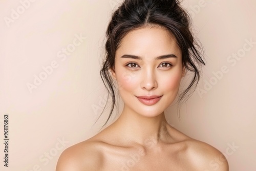 Serene Asian Woman with Glowing Skin on Pastel Background