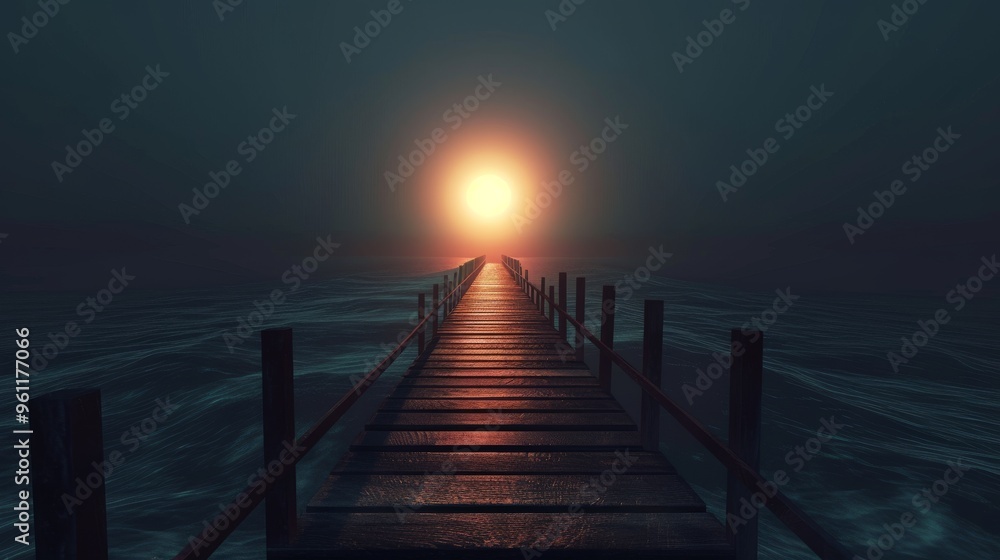 Obraz premium A moody, atmospheric image of a wooden pier extending into the dark ocean, with a glowing sunset on the horizon. The scene evokes a sense of solitude and the calm yet mysterious beauty of nature.
