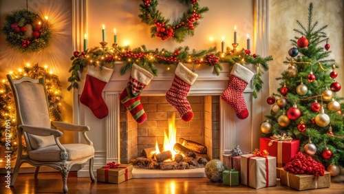 Cozy Living Room Scene With A Decorated Fireplace Mantel Adorned With Stockings, Ornaments, And Garlands, Creating A Festive Christmas Ambiance. photo