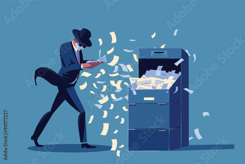 Spy Destroying Top Secret Documents in a Shredder for Confidential Data Protection