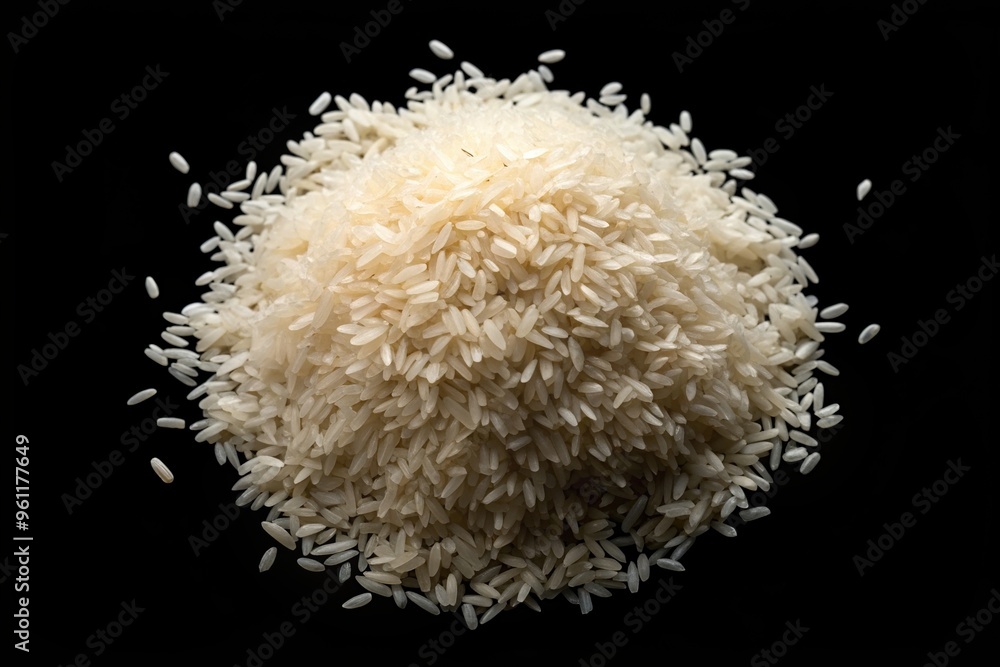 Aerial view of a pile of rice isolated on a black background, meal, texture, grain, ingredient, healthy, organic, isolated, culinary, oriental, asian, agriculture, eat, delicious, abundance Aerial view of a pile of rice isolated on a black background, meal, texture, grain, ingredient, healthy, organic, isolated, culinary, oriental, asian, agriculture, eat, delicious, abundance