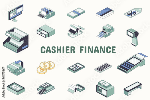 Cashier Finance Lineal Color Vector Illustration Icon Sticker Set Design Materials