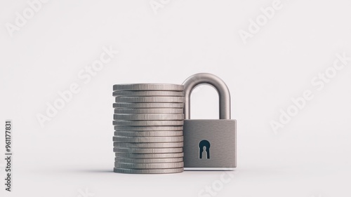 A padlock resting on stacked coins representing security, finance, and investment concepts in a minimalist design.