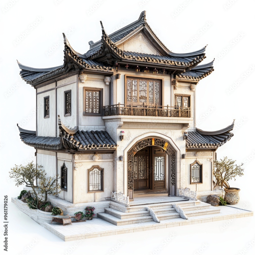 Fototapeta premium Adorable Chinese-style villa, 3D clay art technique, game-inspired architectural render, pristine white backdrop, high vantage point side view, detailed and charming design