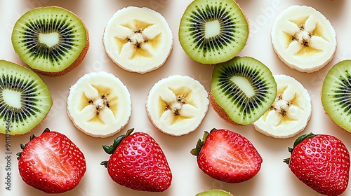 A pastel fruit pattern with delicate banana slices, soft pink strawberries, and light green kiwi slices, creating a fresh, photo