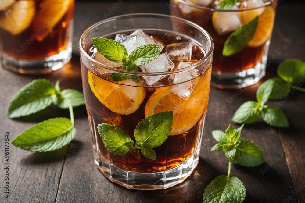 A glass of refreshing iced tea with ice cubes and mint leaves A glass of refreshing iced tea with ice cubes and mint leaves