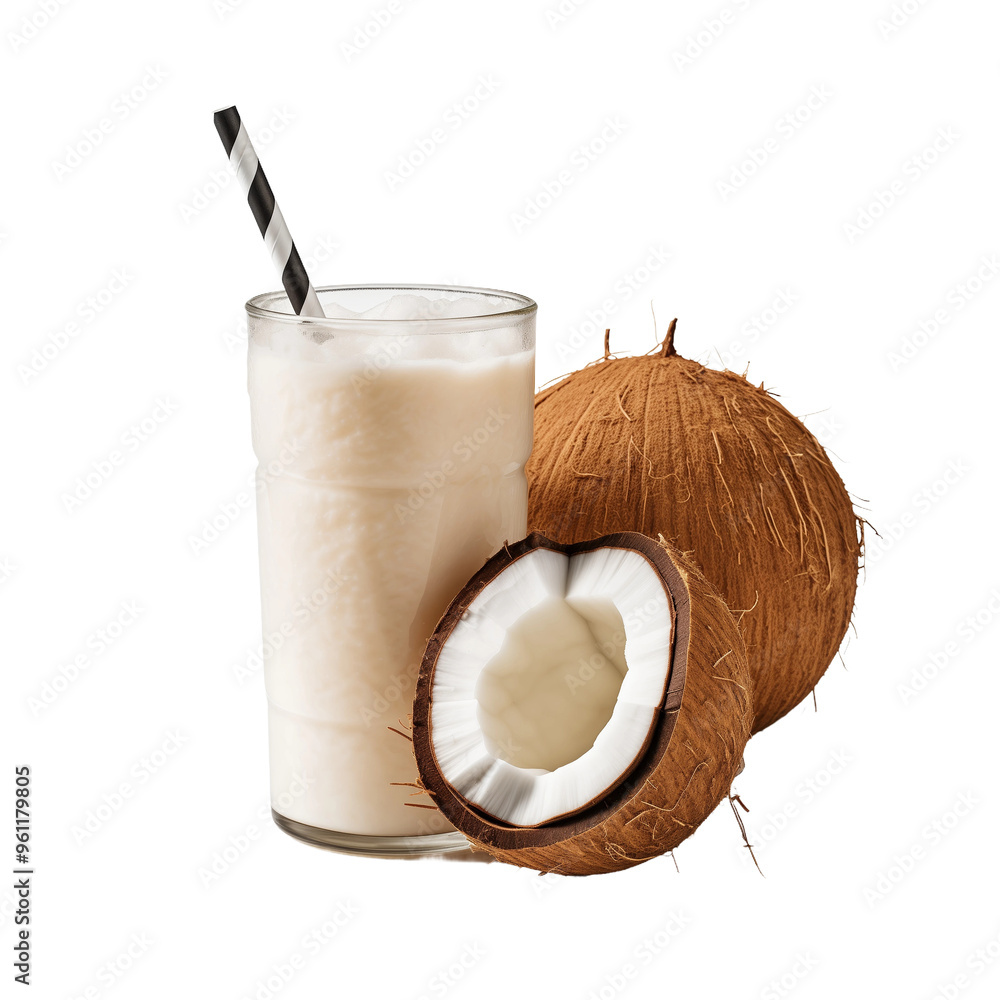 Coconut milkshake served in glass with fresh coconut shell Coconut milkshake served in glass with fresh coconut shell
