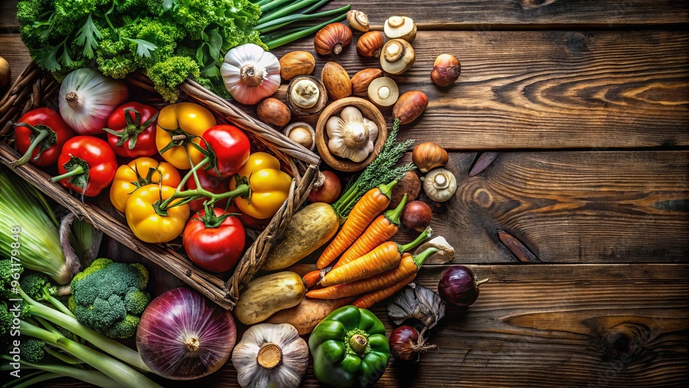 An assortment of fresh organic vegetables and forest mushrooms harvested from the garden, displayed on a rustic wooden background with a dark border An assortment of fresh organic vegetables and forest mushrooms harvested from the garden, displayed on a rustic wooden background with a dark border