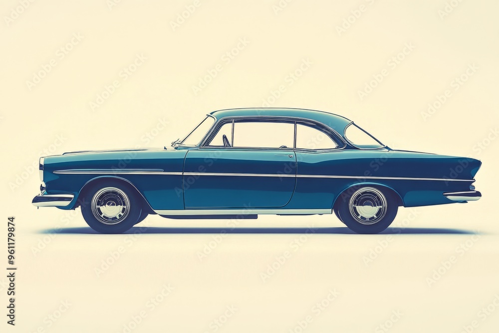 Obraz premium A classic vintage car in teal shade showing its elegant lines and curves. This image captures the beauty of retro automobiles. Classic style and nostalgia. Generative AI