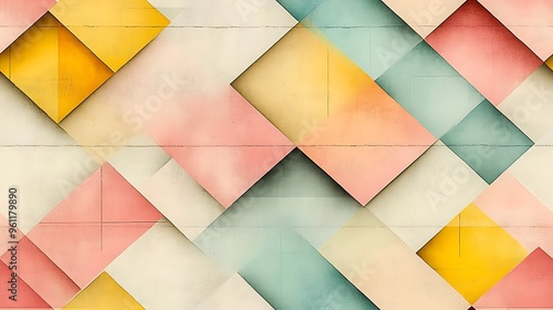 A pastel geometric pattern with interlocking triangles and squares in soft hues of pink, yellow, and mint, photo