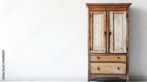 Old wooden wardrobe in the room, on white background