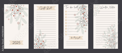 Organic art new year 2025 resolutions, to do list, gift list and notes planner page templates, winter holidays layout set