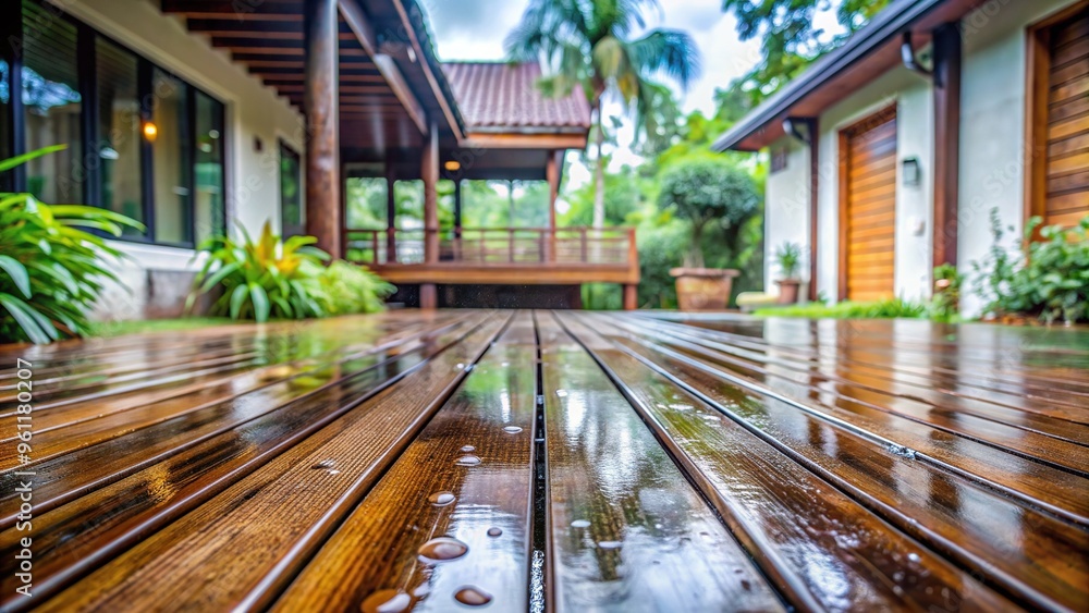 Naklejka premium wet, home, relaxation, leisure, rain, house, wooden floor, terrace,wooden, architecture, outdoor, Wooden terrace outside the house during the rainy season captured from a worm s eye view