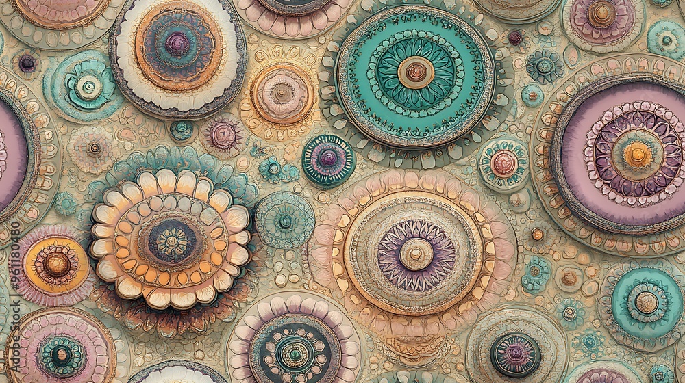 A pastel mandala pattern with intricate circular designs in muted lavender, blush pink, and soft teal, set against a light cream background, A pastel mandala pattern with intricate circular designs in muted lavender, blush pink, and soft teal, set against a light cream background,