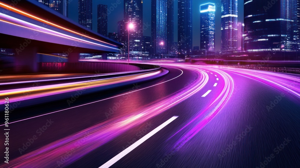 The view captures a bustling city skyline at night, showcasing glowing highways with colorful light trails, creating a dynamic and vibrant atmosphere The view captures a bustling city skyline at night, showcasing glowing highways with colorful light trails, creating a dynamic and vibrant atmosphere