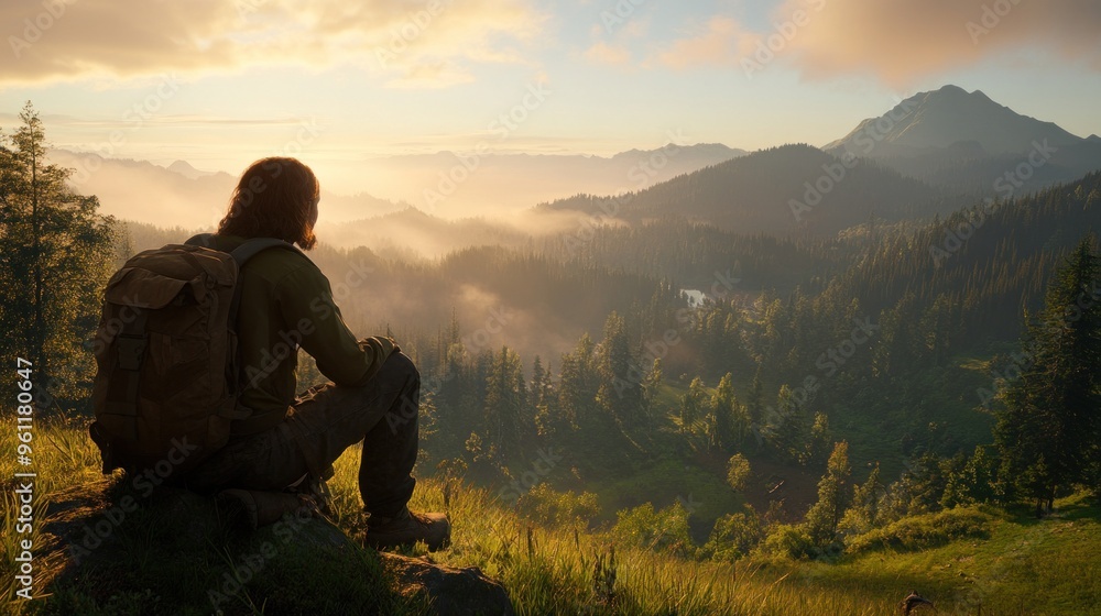 Fototapeta premium As the sun rises, a hiker takes a moment to reflect while sitting on a rocky ledge, surrounded by misty valleys and towering mountains filled with vibrant greenery