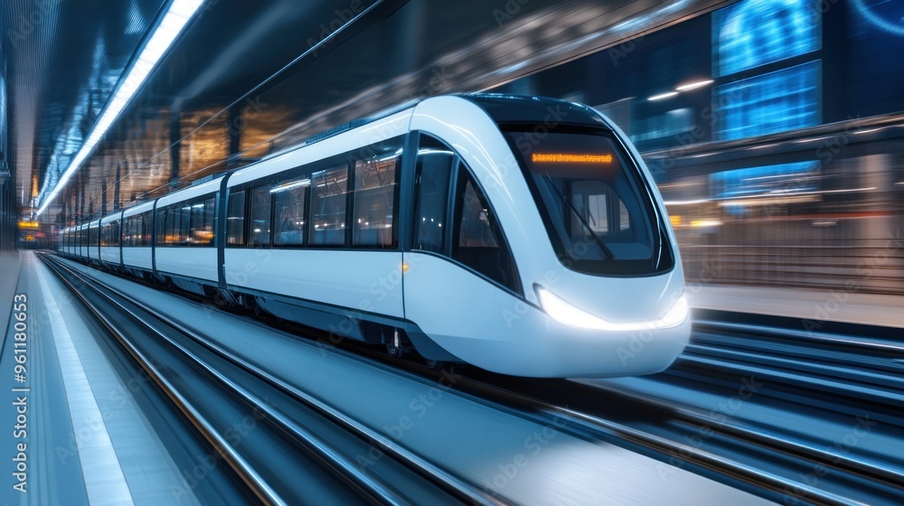 Fototapeta premium A sleek, modern train accelerates through a vibrant station illuminated by bright lights, showcasing advanced technology and efficient transportation at night