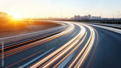 A long exposure reveals light trails from vehicles moving along a curving highway. The sun sets in the background, casting a warm glow over the urban skyline