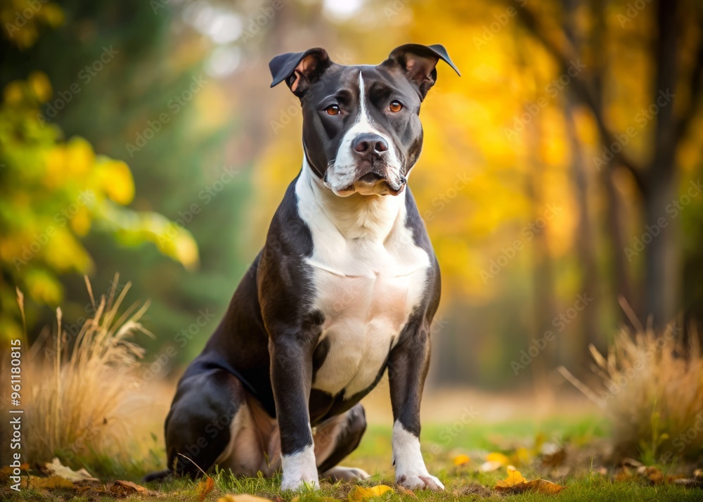 A stunning photograph captures the majesty of an American Pit Bull Terrier, its sleek black coat adorned with a crisp white chest and paws, exuding charm and elegance. A stunning photograph captures the majesty of an American Pit Bull Terrier, its sleek black coat adorned with a crisp white chest and paws, exuding charm and elegance.