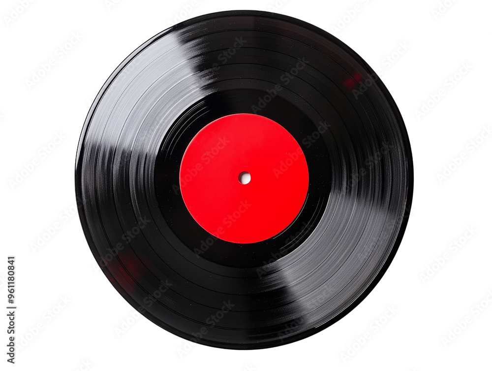 Obraz premium Vintage vinyl record with red label spinning on black background