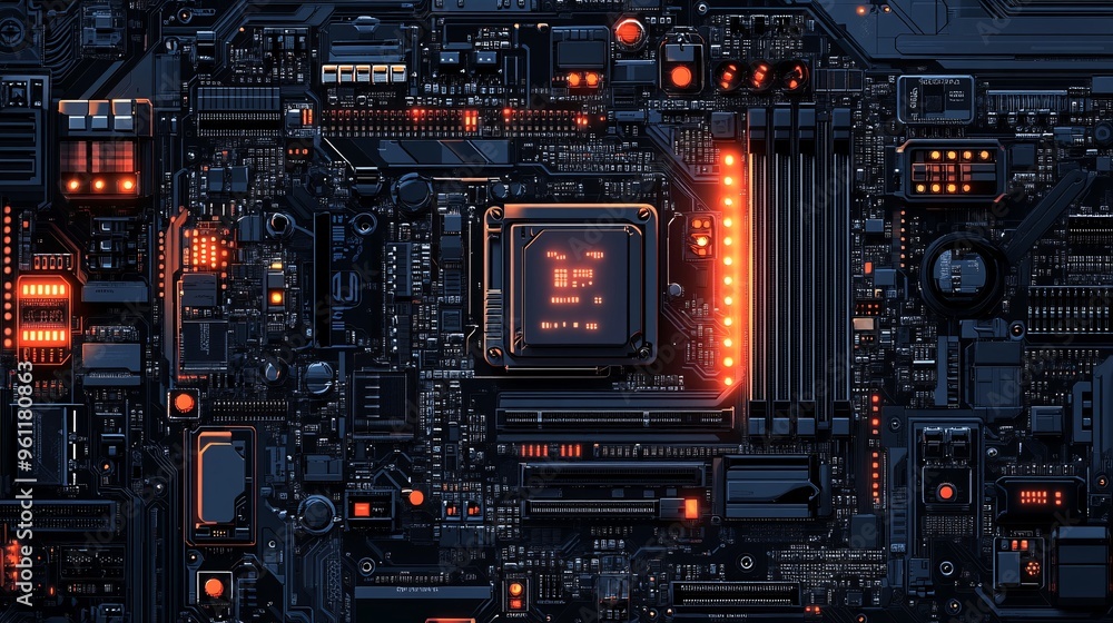 Computer motherboard with processors and code symbols in flat design Vector look Digital art Large space for text in center Stock Photo with copy space Computer motherboard with processors and code symbols in flat design Vector look Digital art Large space for text in center Stock Photo with copy space