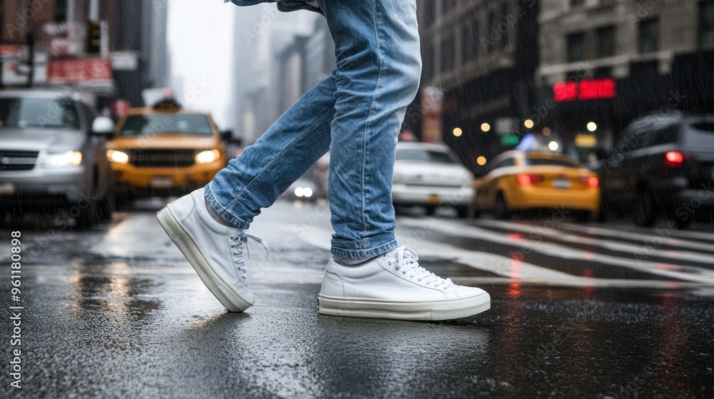 Obraz premium A person strides confidently through a wet urban street, showcasing white sneakers against the reflection of yellow taxis and the blurred outlines of buildings in a vibrant cityscape