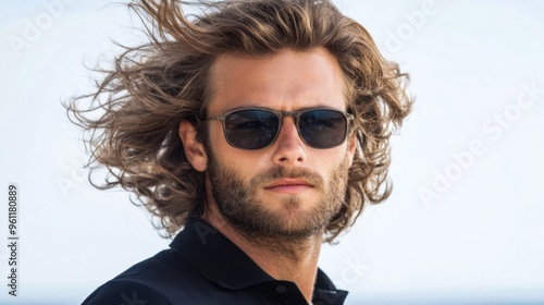 A young man stands confidently by the coast, his curly hair flowing in the wind as he wears dark sunglasses. The sun shines brightly, highlighting the serene beach atmosphere photo