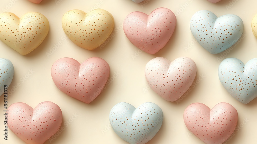 Obraz premium A playful pastel heart pattern with soft pink, pale yellow, and light blue hearts, creating a repeating design on a light cream background,