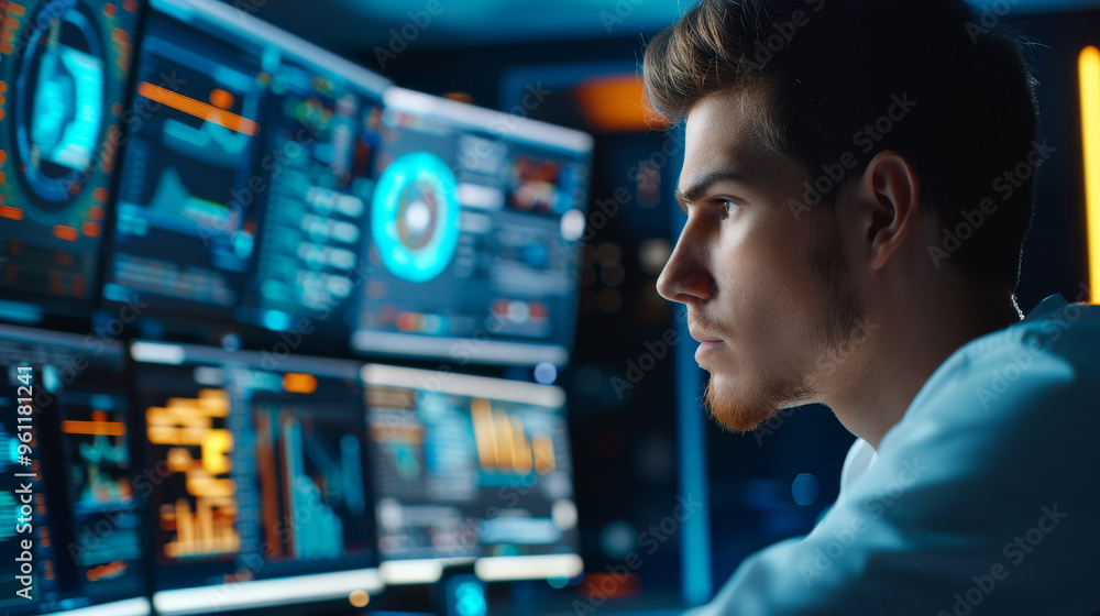 Man Looking at Data on Multiple Monitors Man Looking at Data on Multiple Monitors