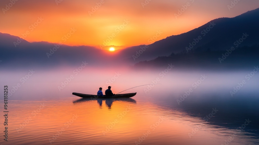 Two figures sit in a small boat on a serene lake, fishing as the sun sets behind misty mountains, creating a beautiful reflection on the water's surface Two figures sit in a small boat on a serene lake, fishing as the sun sets behind misty mountains, creating a beautiful reflection on the water's surface