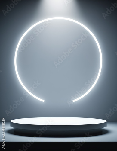 Empty light podium with neon on abstract background with copy space. Modern platform for product placement or montage, promotion, mock up, show technical product. 3d render of futuristic showcases.