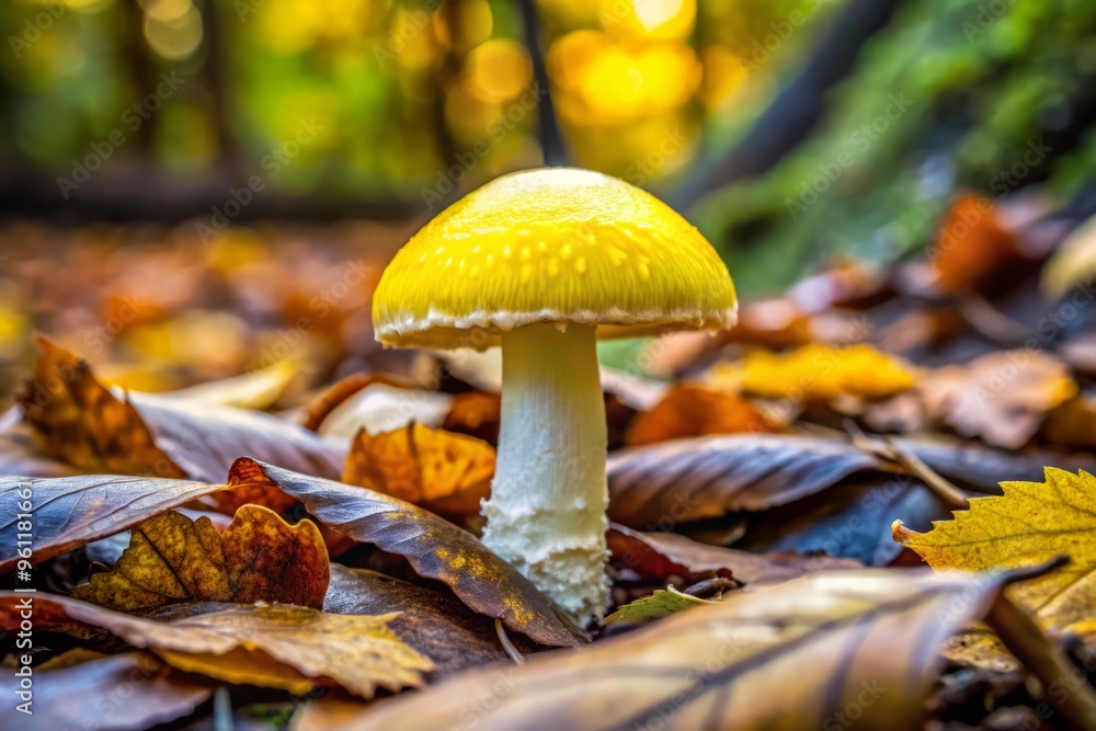 Fungal forest floor dweller with bright yellow cap and white pores, growing in clusters, surrounded by deciduous tree roots and fallen leaves. Fungal forest floor dweller with bright yellow cap and white pores, growing in clusters, surrounded by deciduous tree roots and fallen leaves.