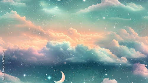 A seamless celestial pattern with pastel stars and crescent moons in soft mint green, pale lavender, and light coral, set against a gradient pastel sky with soft clouds, photo