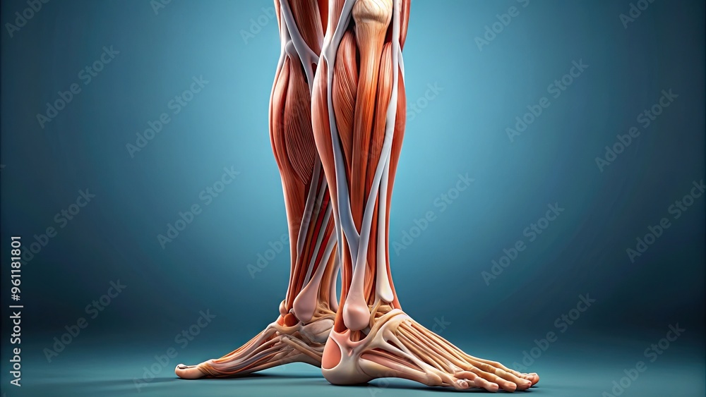 Detailed Anatomical View Of The Human Lower Leg With Visible Muscles, Tendons, And Bone Structure. Detailed Anatomical View Of The Human Lower Leg With Visible Muscles, Tendons, And Bone Structure.