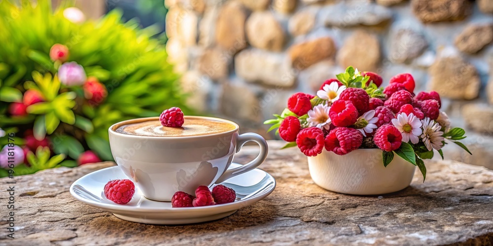A cozy scene of a cappuccino cup with raspberries, set on a saucer on a table with flowers and a stone wall in the background A cozy scene of a cappuccino cup with raspberries, set on a saucer on a table with flowers and a stone wall in the background