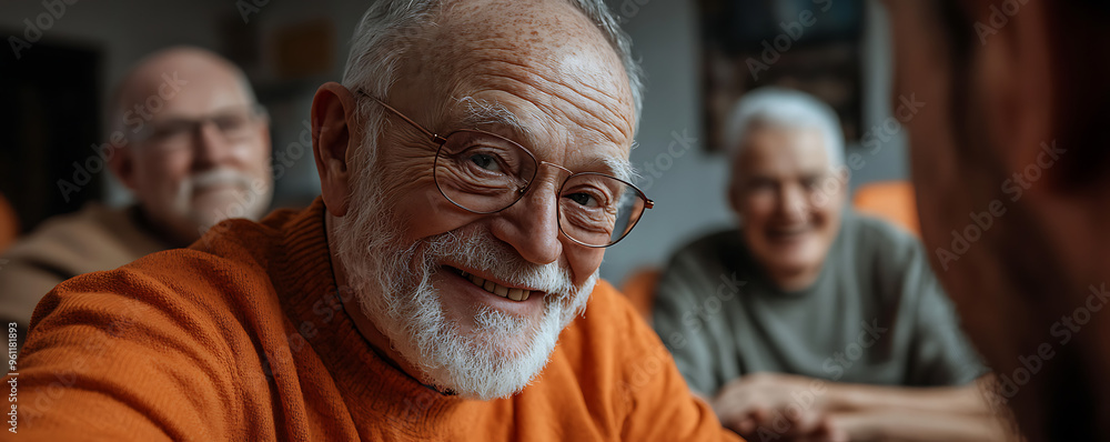 A warm gathering of elderly friends enjoying time together, sharing smiles and laughter in a cozy setting. A warm gathering of elderly friends enjoying time together, sharing smiles and laughter in a cozy setting.