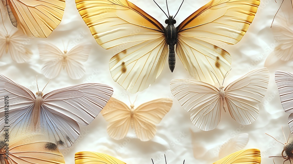 Obraz premium A seamless pastel butterfly pattern featuring light lavender, soft peach, and pale yellow butterflies,