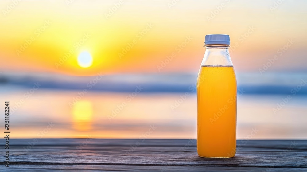 Bottle of orange drink placed on a wooden table at sunrise by the ocean. Bottle of orange drink placed on a wooden table at sunrise by the ocean.