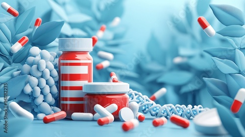 Biomedical engineering with DNA strand and medical implants in flat design Vector look Digital art Large space for text in center Stock Photo with copy space