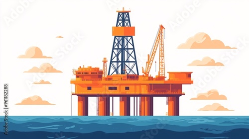 Petroleum engineering oil rig in ocean and gas pipelines in flat design Vector look Digital art Large space for text in center Stock Photo with copy space