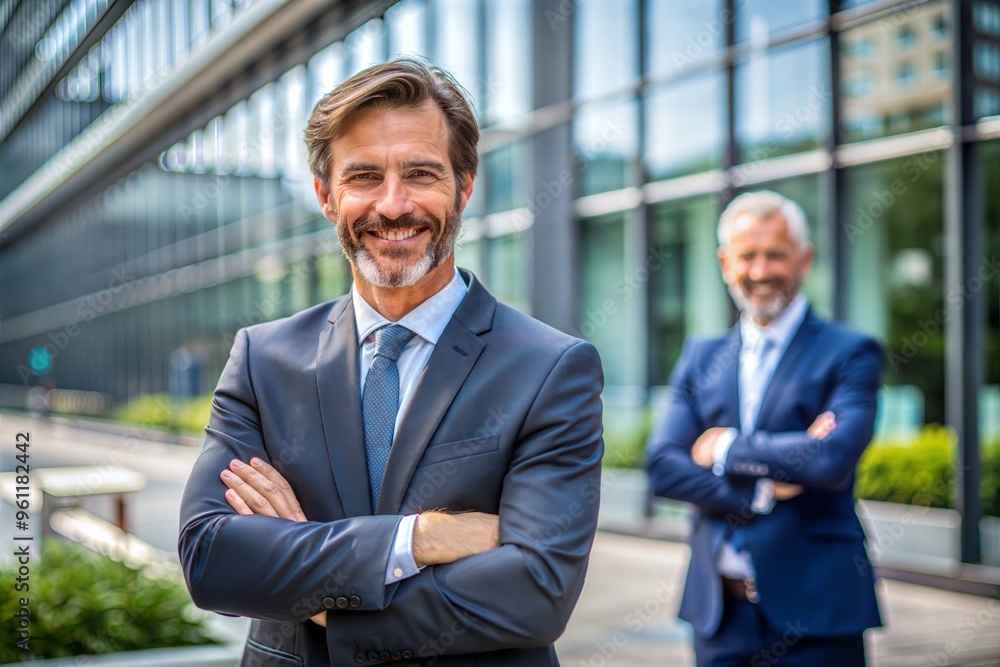 Confident businessman smiling in front of office building Confident businessman smiling in front of office building